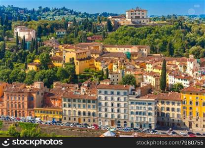View of Oltrarno and Forte di Belvedere on the south bank of the River Arno, at morning from Palazzo Vecchio in Florence, Tuscany, Italy