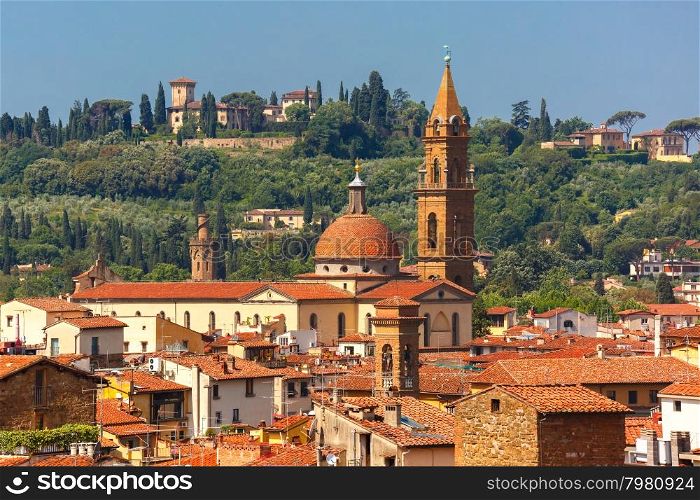 View of Oltrarno, Giardino Torrigiani and church Santo Spirito at morning from Palazzo Vecchio in Florence, Tuscany, Italy