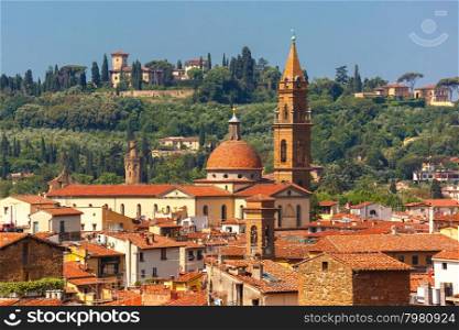 View of Oltrarno, Giardino Torrigiani and church Santo Spirito at morning from Palazzo Vecchio in Florence, Tuscany, Italy