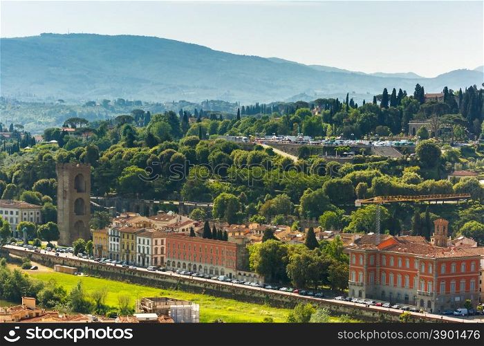 View of Oltrarno, Porta San Niccolo and Piazzale Michelangelo on the south bank of the River Arno, at morning from Palazzo Vecchio in Florence, Tuscany, Italy