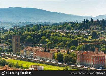 View of Oltrarno, Porta San Niccolo and Piazzale Michelangelo on the south bank of the River Arno, at morning from Palazzo Vecchio in Florence, Tuscany, Italy