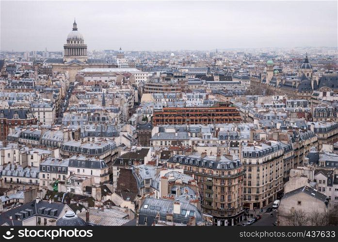view of one of the towers of Notre Dame . In the background is seen Pantheon of Paris.. view in Paris