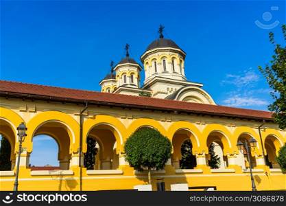 View of orthodox cathedral on sunny day in Alba Iulia, Romania, 2021