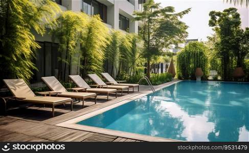 View of outdoor swimming pool in stylish modern hotel