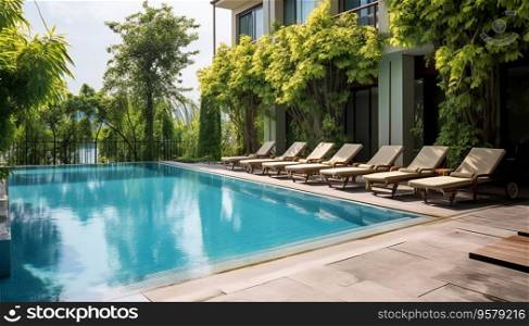 View of Outdoor Swimming Pool in Stylish Modern Hotel