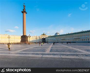view of Palace Square and General Staff Building. view of Palace Square with Alexander Column and General Staff Building in Saint Petersburg city in March evening