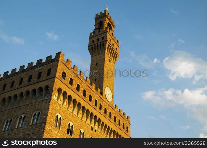 View of Palazzo Vecchio, world famous palace of Florence, in sunset light