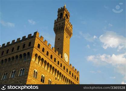 View of Palazzo Vecchio, world famous palace of Florence, in sunset light
