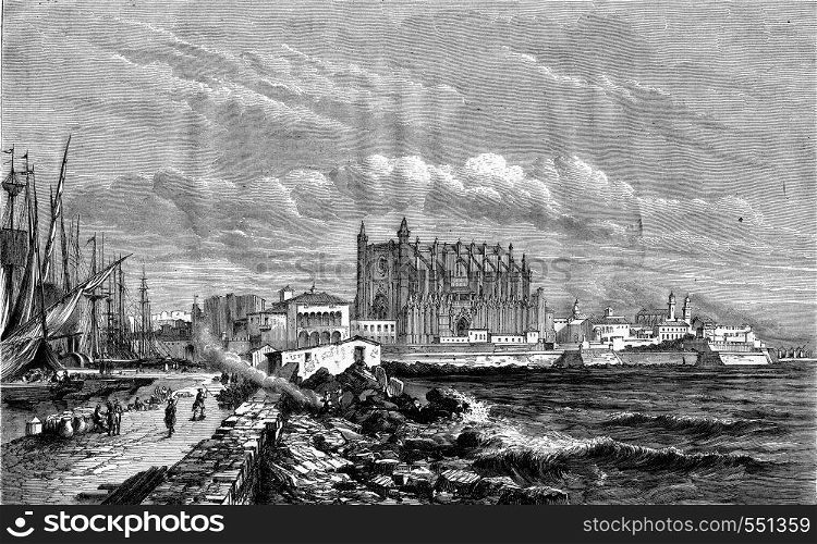 View of Palma, Mallorca, vintage engraved illustration. Magasin Pittoresque 1867.