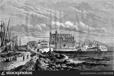 View of Palma, Mallorca, vintage engraved illustration. Magasin Pittoresque 1867.