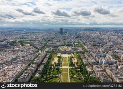 View of Paris, the Champ de Mars, the Military School and Montparnasse Tower (Tour Maine-Montparnasse) from the Eiffel tower