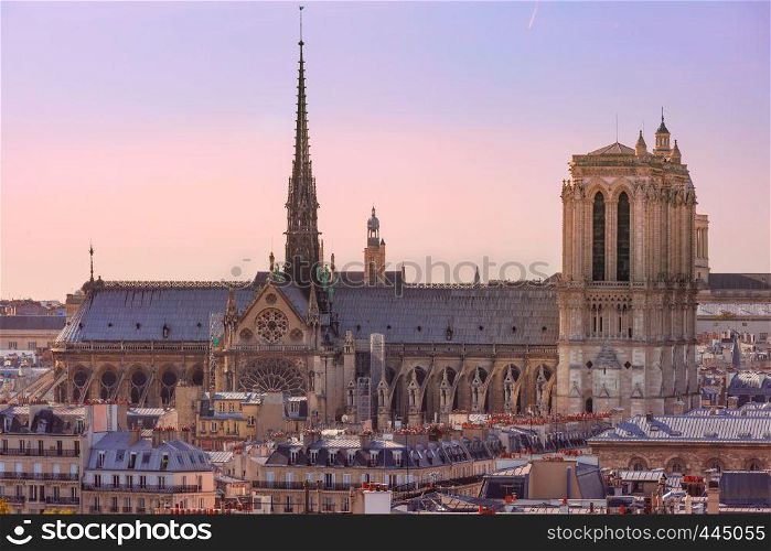 View of Paris with Cathedral of Notre Dame, France. Aerial view of Paris, France