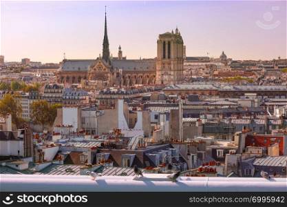 View of Paris with Cathedral of Notre Dame, France. Aerial view of Paris, France