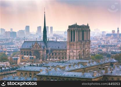View of Paris with Cathedral of Notre Dame on a cloudy day, France. Aerial view of Paris, France