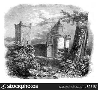 View of part of the castle Alencon, after a drawing of the eighteenth century, vintage engraved illustration. Magasin Pittoresque 1847.