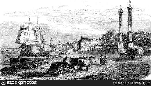 View of part of the dock before the Quinconces, occupying the site of the old castle Trumpet, vintage engraved illustration. Magasin Pittoresque 1844.