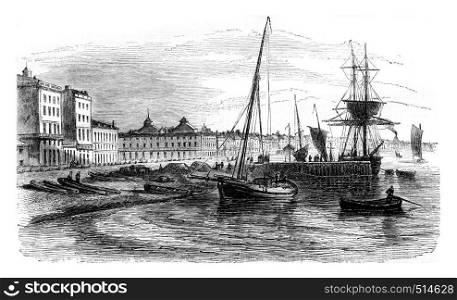 View of part of the harbor before the real Warehouse. Facade of Chartrons, vintage engraved illustration. Magasin Pittoresque 1844.