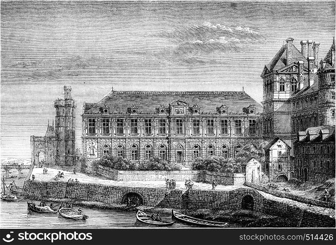 View of part of the Louvre along the Seine, after the changes that took place under Henri IV and Louis XIII, vintage engraved illustration. Magasin Pittoresque 1844.