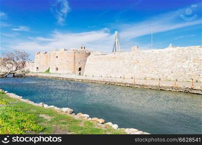 View of Patras Rion castle wall, Greece. View of Patras and Rio Antirrio bridge