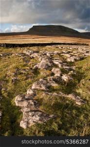View of Pen-y-Ghent across limestone crags in Yorkshire Dales National Park