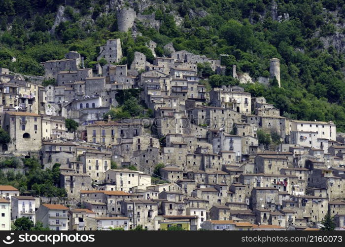 View of Pesche, old village in the Isernia province, Molise, Italy, at springtime