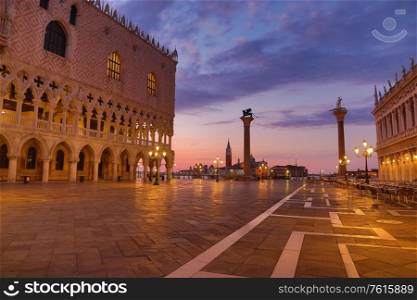 View of piazza San Marco, Doge&rsquo;s Palace (Palazzo Ducale) in Venice, Italy. Architecture and landmark of Venice. Sunrise cityscape of Venice.