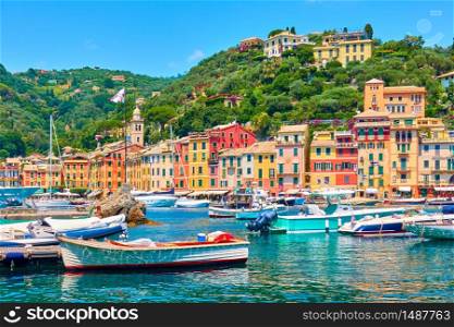 View of Portofino town and port with boats, Italy