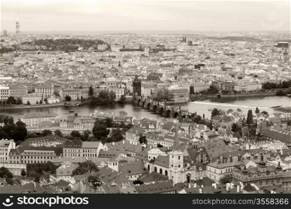 View of Prague from the top, the red roofs monochrome