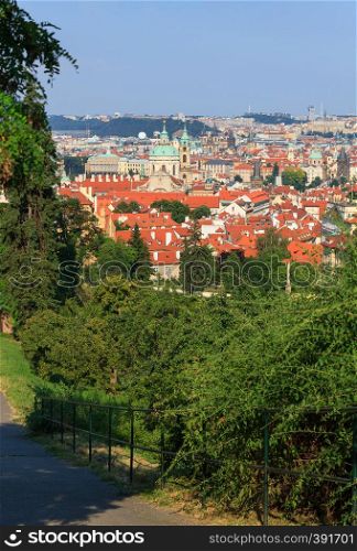 View of Prague with tile roofs in summer