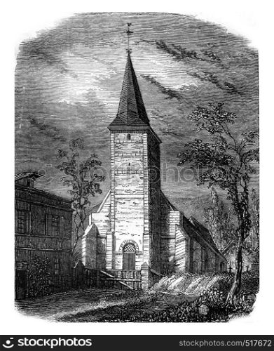 View of Presbytere and the Church of Bolleville, department of Seine Bottom, vintage engraved illustration. Magasin Pittoresque 1845.