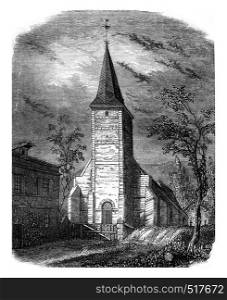 View of Presbytere and the Church of Bolleville, department of Seine Bottom, vintage engraved illustration. Magasin Pittoresque 1845.