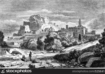 View of Puy en Velay city, capital of the department of Haute-Loire, vintage engraved illustration. Magasin Pittoresque 1846.