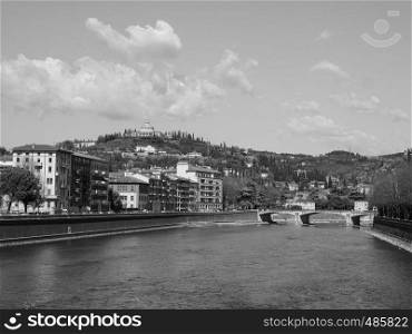 View of River Adige in Verona, Italy in black and white. River Adige in Verona black and white