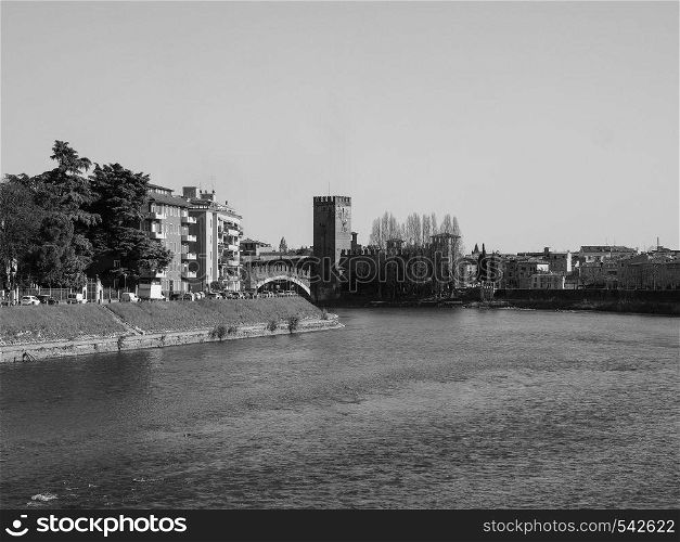 View of River Adige in Verona, Italy in black and white. River Adige in Verona black and white