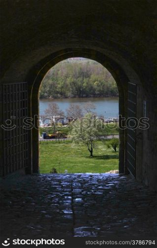 View of river Danube through one of the gates of Belgrade fortress Kalemegdan,Serbia