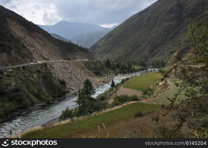 View of river in valley, Paro Valley, Bhutan