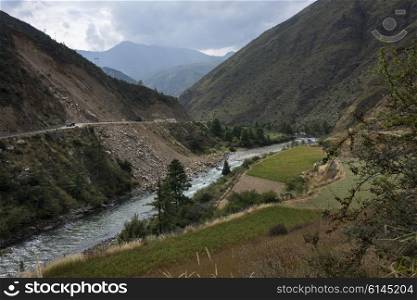 View of river in valley, Paro Valley, Bhutan