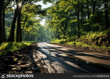 View of road through green forest. Generative AI