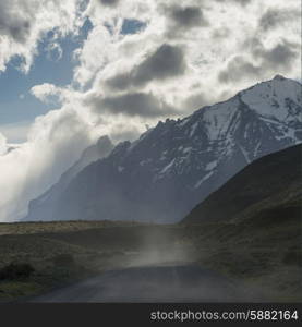 View of road with mountains, Torres del Paine National Park, Patagonia, Chile