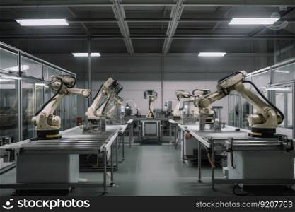 view of robotic arms and mechanical hands assembling complex machines, created with generative ai. view of robotic arms and mechanical hands assembling complex machines