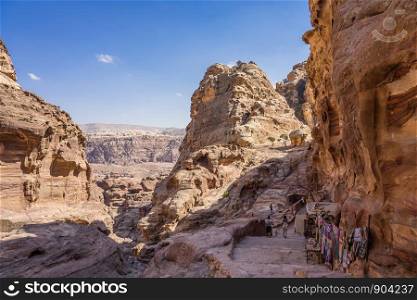 View of rocks and way to the Monastery in Petra, Jordan. UNESCO World Heritage Sites and one of the world wonders
