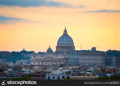 View of Rome at sunset with St Peter Cathedral. Italy&#xD;&#xD;