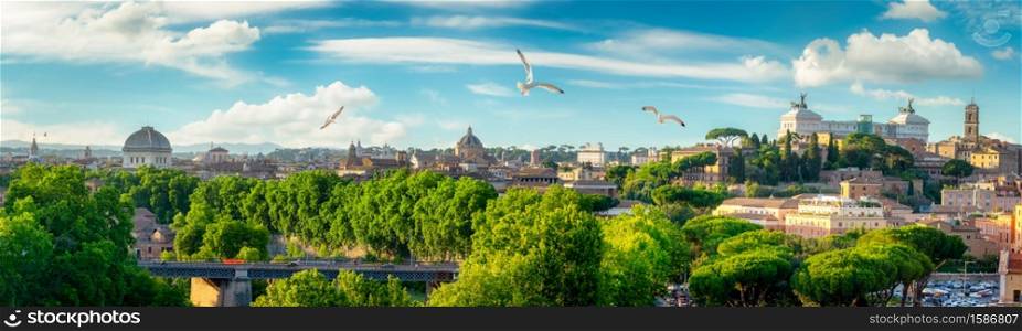 View of Rome from National Monument to Victor Emmanuel II or Il Vittoriano in Rome. Panorama of Rome in day