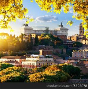 View of Rome from National Monument to Victor Emmanuel II or Il Vittoriano in Rome. Vittoriano in the autumn