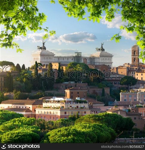 View of Rome from National Monument to Victor Emmanuel II or Il Vittoriano in Rome. Vittoriano in Rome