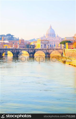 View of Rome with Tiber river and dome of St. Peter's basilica in the Vatican, Italy