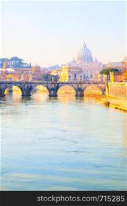 View of Rome with Tiber river and dome of St. Peter's basilica in the Vatican, Italy