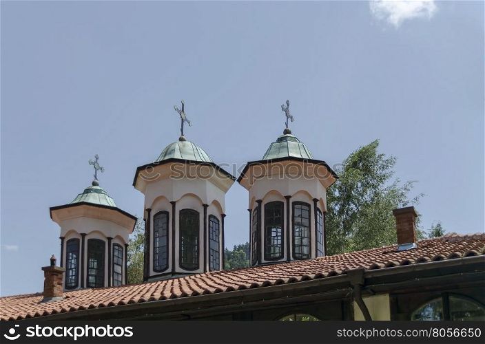 View of roof at ancient Christian church with three dome in the Kyustendil town, Bulgaria