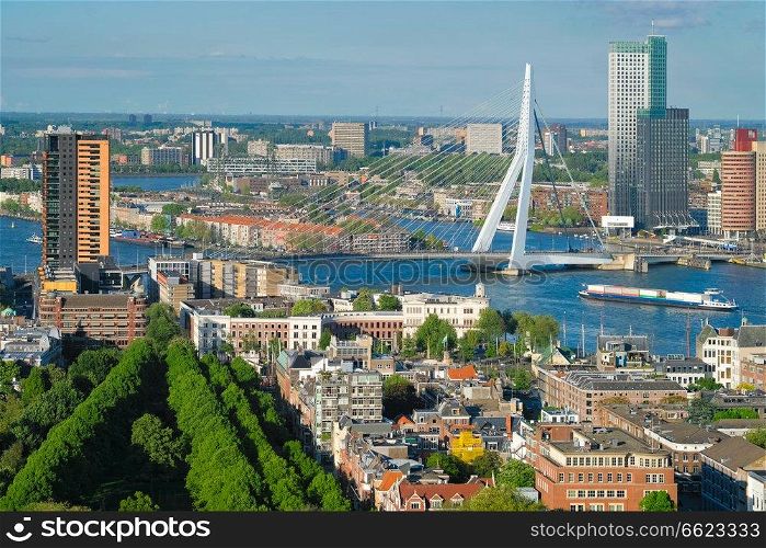 View of Rotterdam city and the Erasmus bridge Erasmusbrug over Nieuwe Maas river from Euromast. View of Rotterdam city and the Erasmus bridge