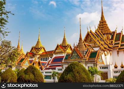 View of Royal Palace and Wat Phra Kaew in the evening at Bangkok, Thailand
